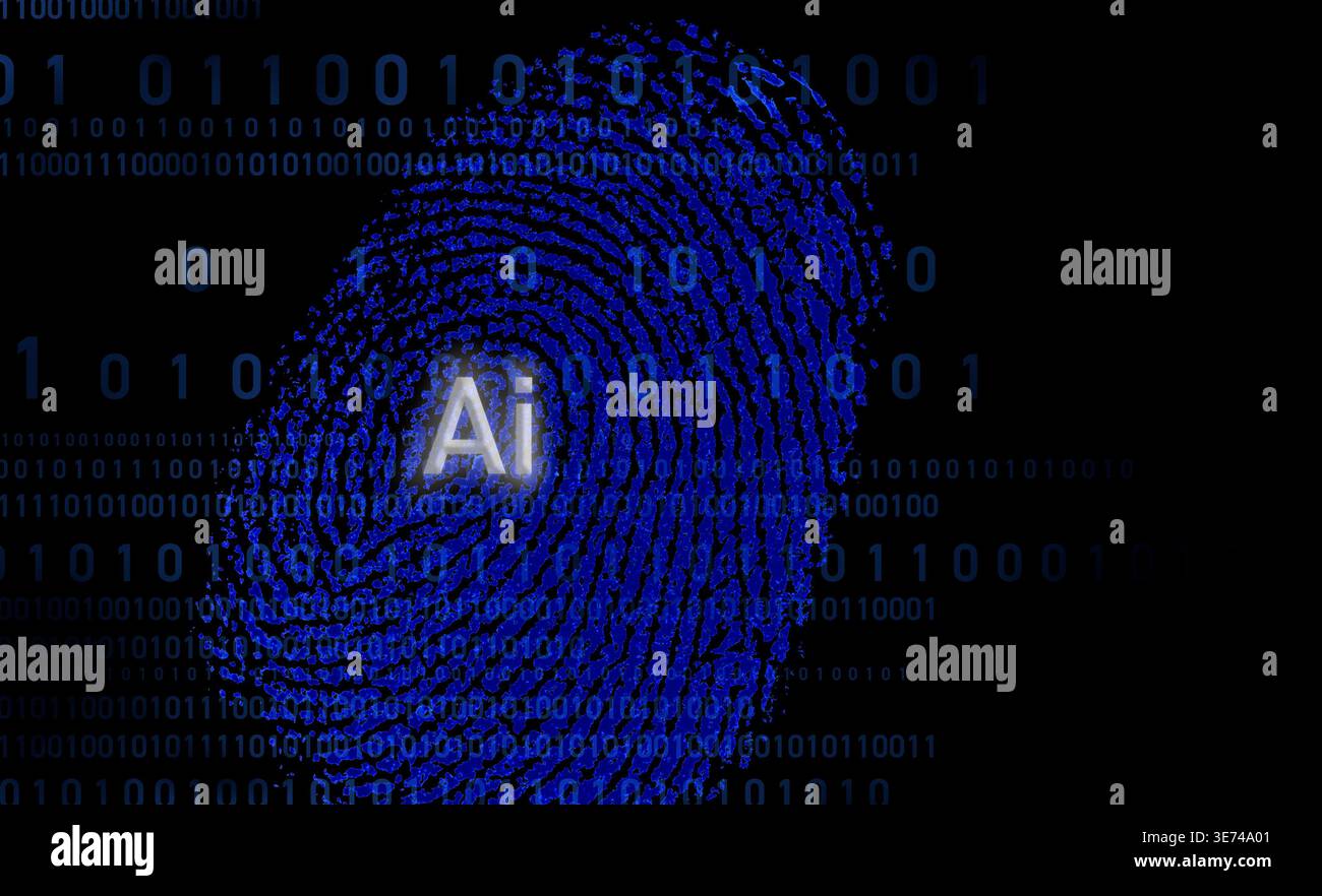 Blue fingerprint with the AI symbol and binary code over Stock Photo