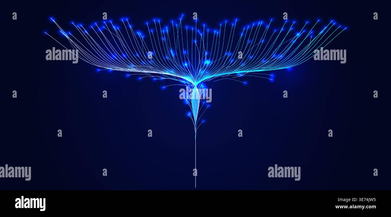 AI Digital Data Network Flow Blue Wave Lines Information Stream, Information Tree Root Infrastructure Design for Science Tech Research, Artificial Stock Vector