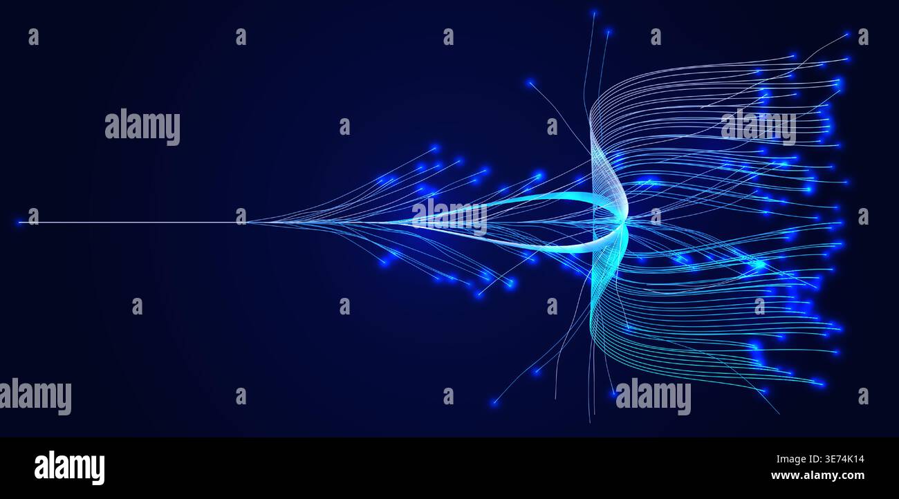 AI Digital Data Network Flow Blue Wave Lines Information Stream, Information Tree Root Infrastructure Design for Science Tech Research, Artificial Stock Vector