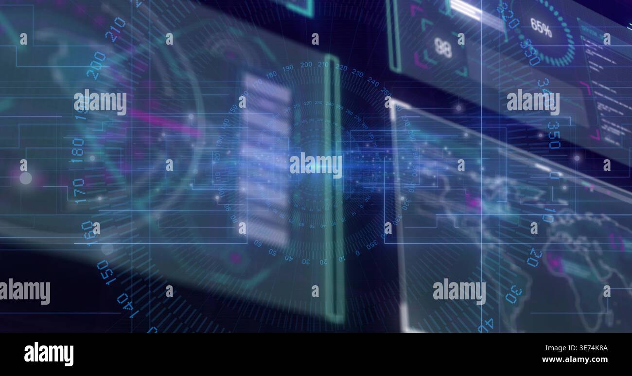 Displaying central holographic panel glowing in virtual dashboard, with circular dials and charts. Hologram, interface, data, visualization, map, grid Stock Photo