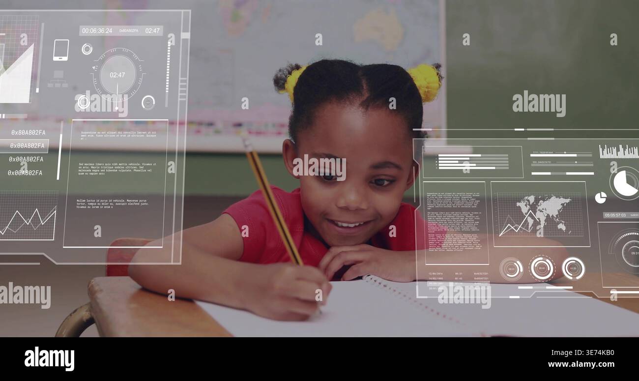 Student Overlay HUD appearing student leaning writing with yellow pencil while overlays ...