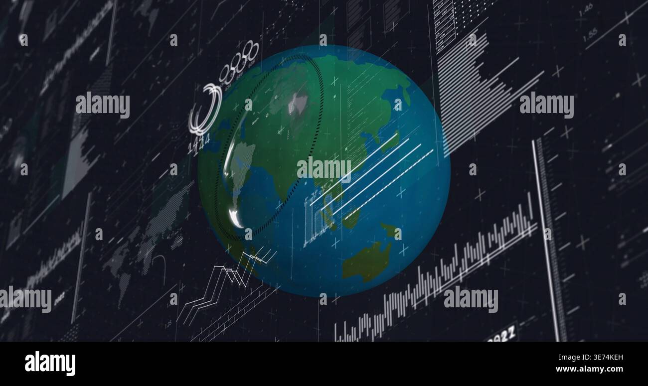 Displaying 3D globe rotating on analytics dashboard, showing rings, line graphs and histograms. Earth, geospatial, data, visualization, dark, gridline Stock Photo