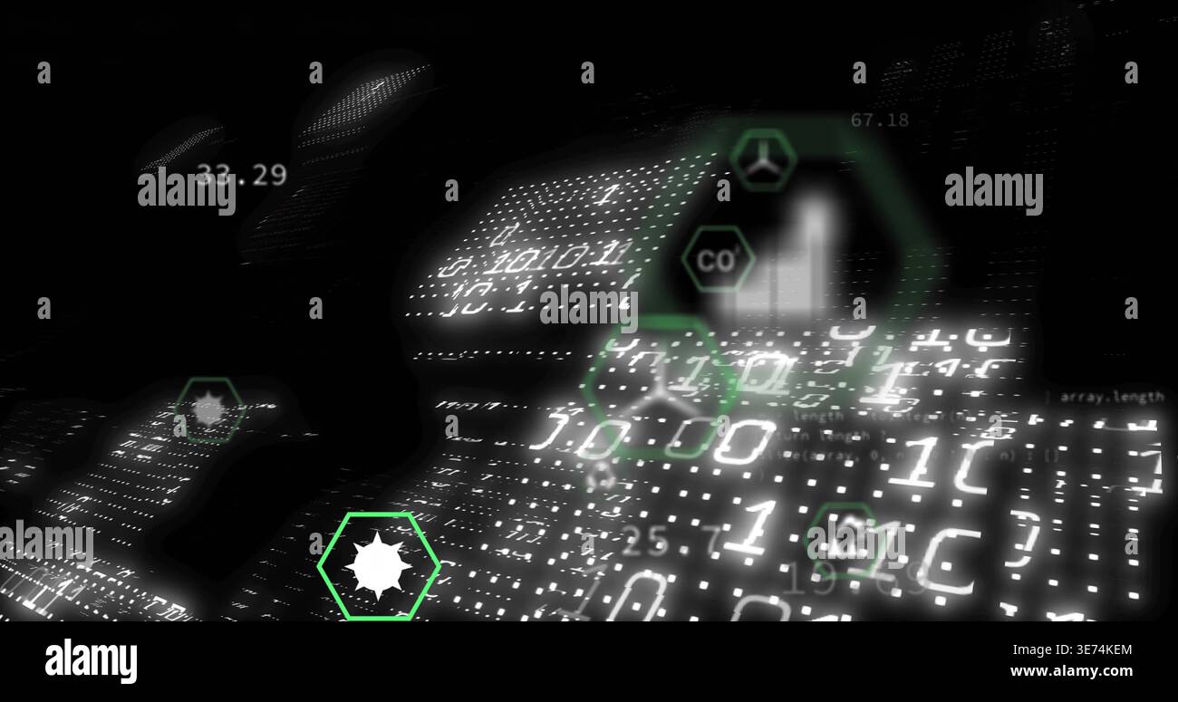 Pulsing 3D binary grid rippling in virtual data space, with floating green hex UI and array.length. Visualization, cyber, dashboard, analytics, networ Stock Photo