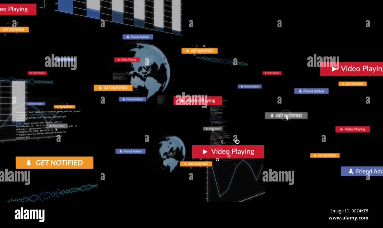 Displaying notification cluster on dark dashboard, showing red orange blue badges, globes, charts. Interface, analytics, data, visualization, icons, n Stock Photo