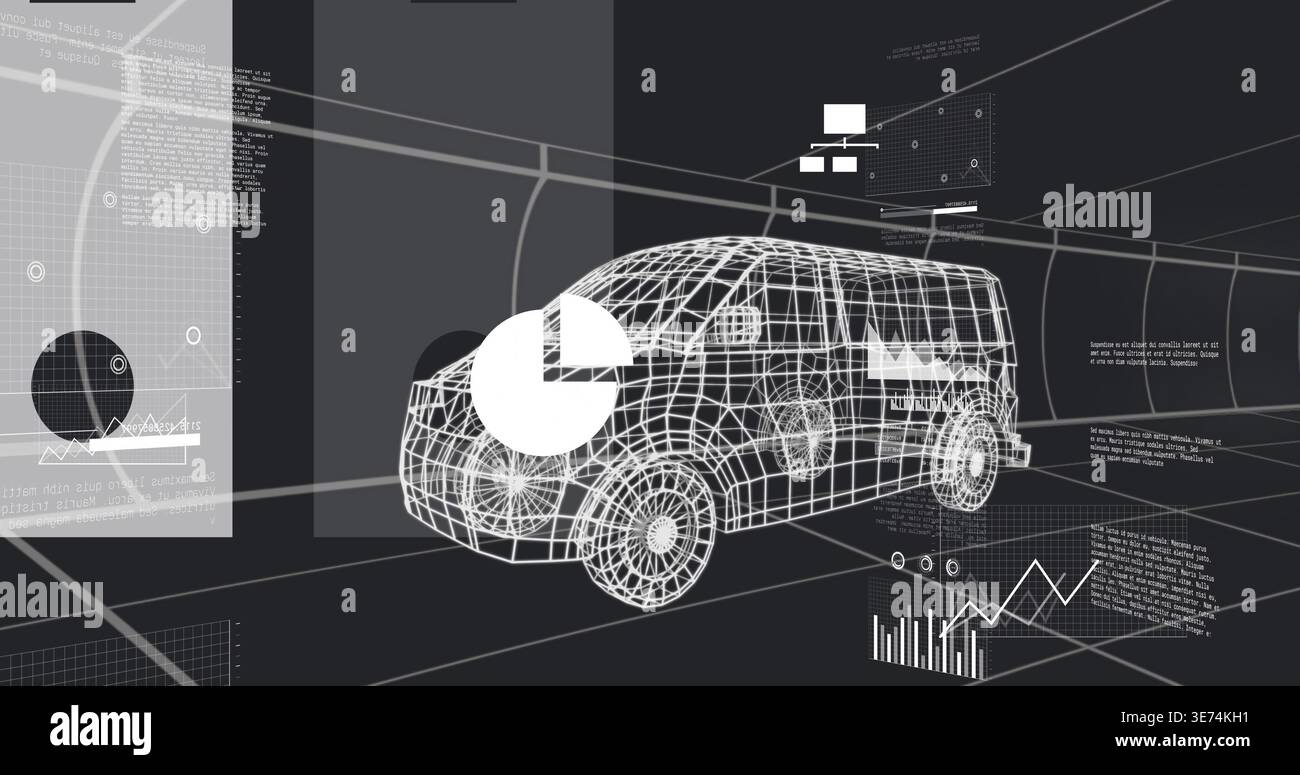 Displaying 3D wireframe van model rotating in virtual workspace, with pie chart, line graph, grid. Vehicle, cad, dashboard, visualization, schematic, Stock Photo
