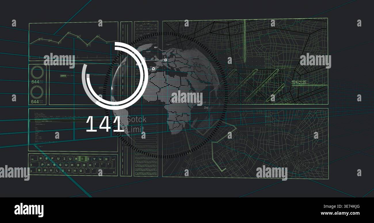Displaying circular HUD combining dotted globe, progress ring and readout 141 with tiled maps. Geospatial, dashboard, telemetry, analytics, wireframe, Stock Photo