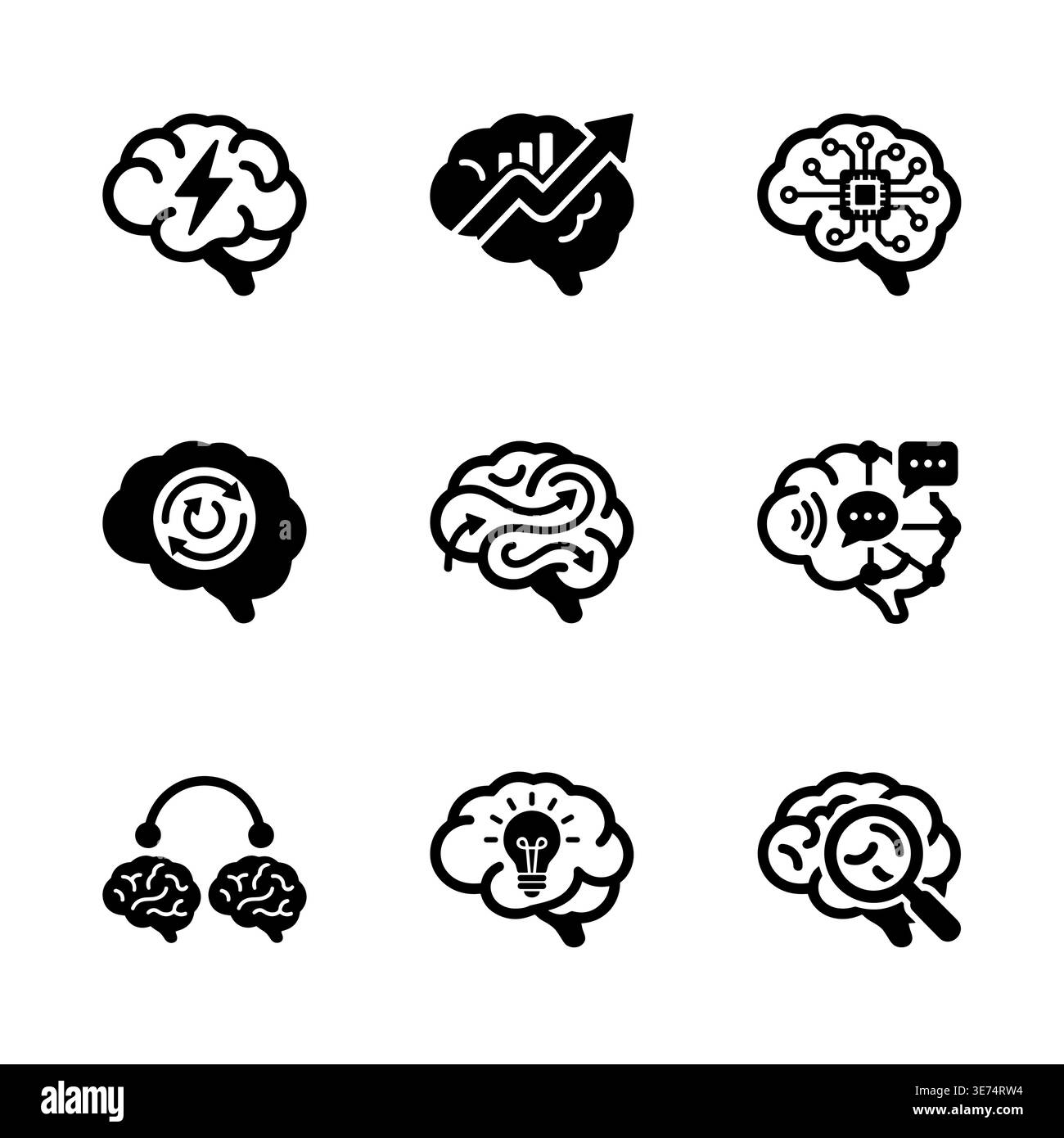 Set of various brain icons, artificial intelligence, thinking process symbols Stock Vector
