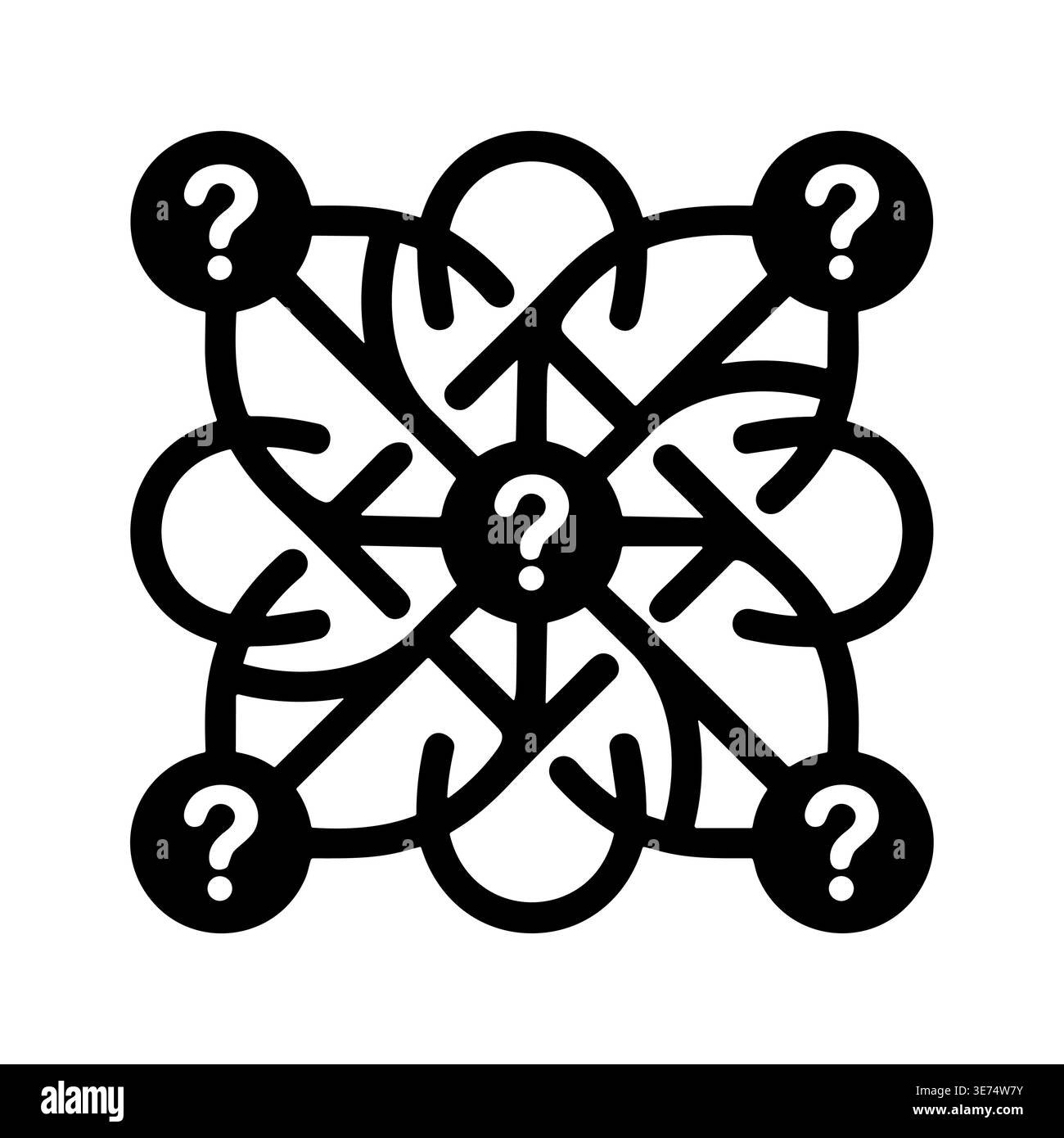 Complex interconnected network with question marks, black and white ...