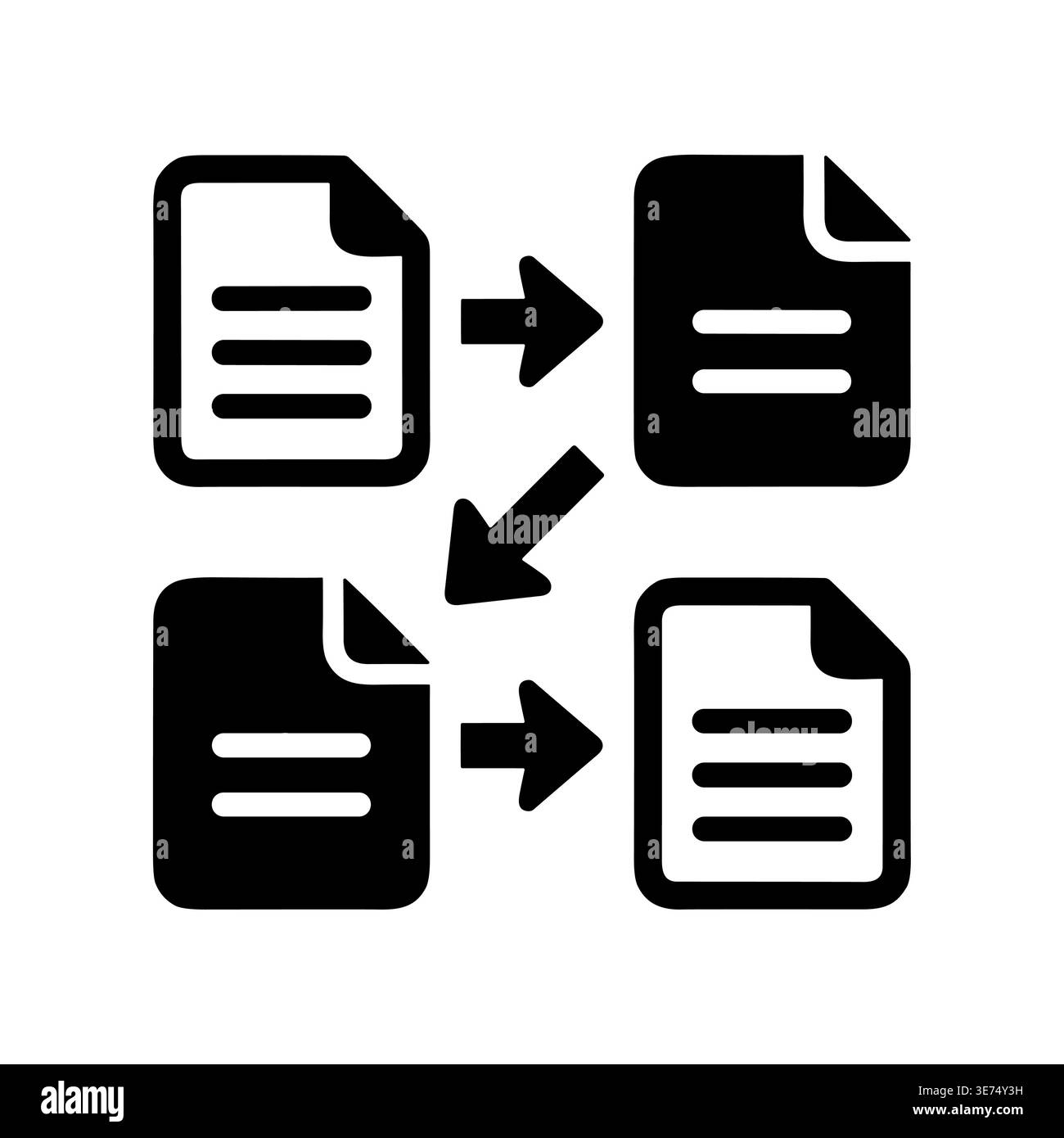 Data transfer process with documents and arrow connections glyph icon Stock Vector