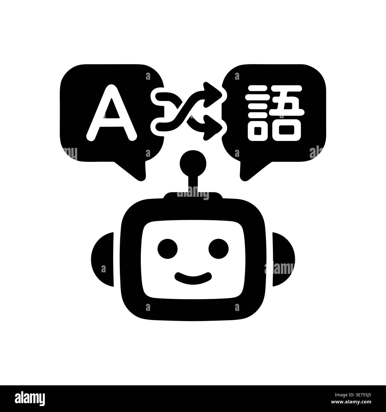 Black and white robot translator chatbot icon with language bubbles Stock Vector