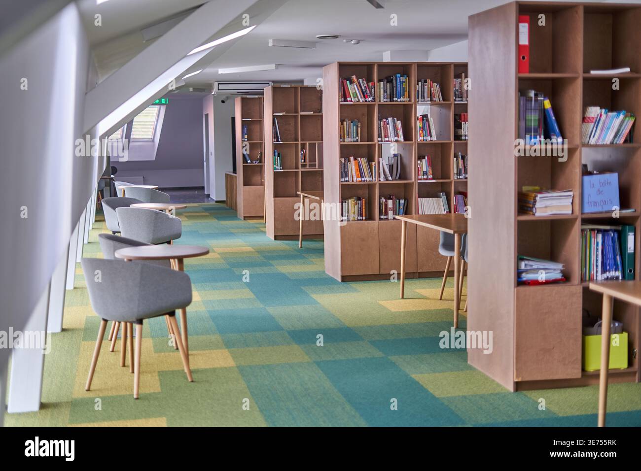 A modern library or study room interior featuring wooden bookshelves filled with books, contemporary gray upholstered chairs with wooden legs, and Stock Photo