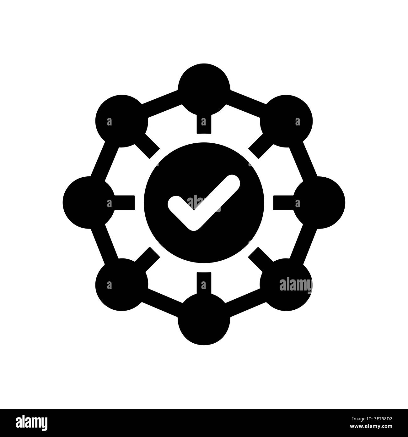 Decentralized network with checkmark, blockchain verification, solid icon style Stock Vector