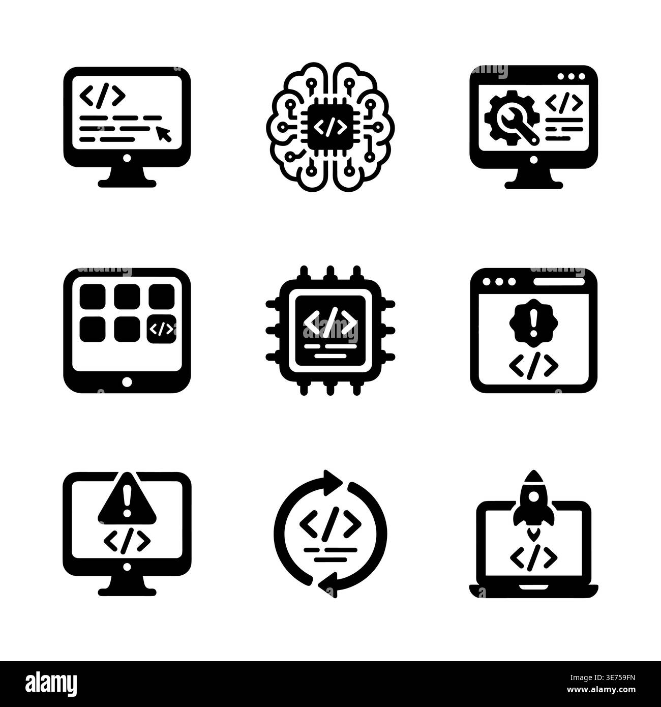 Set of programming and artificial intelligence glyph vector icons Stock Vector