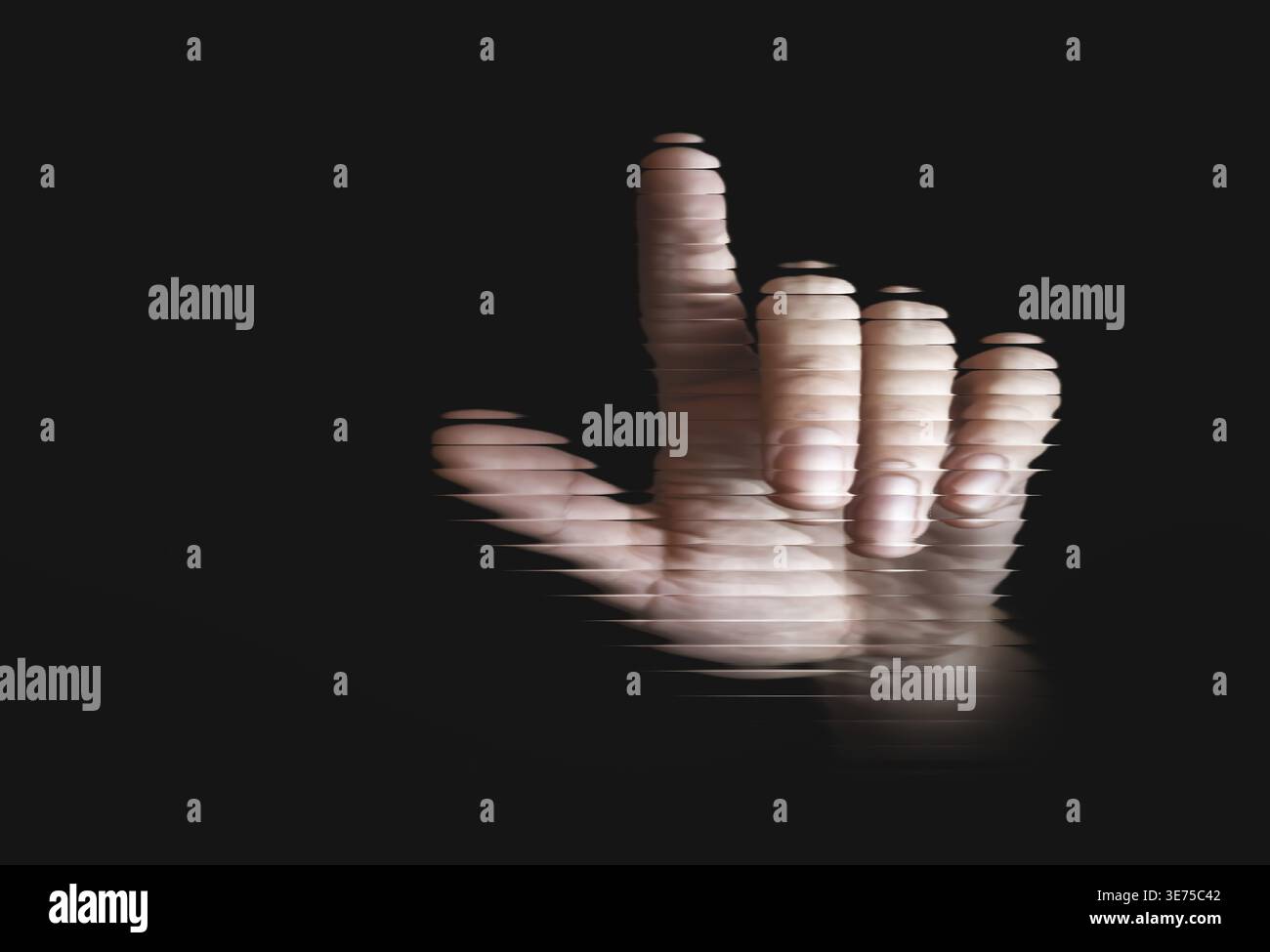 Hand touching transparent ribbed glass surface with dark background distortion effect Stock Photo