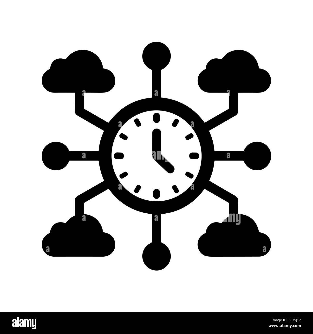Black and white clock network connected to cloud servers Stock Vector