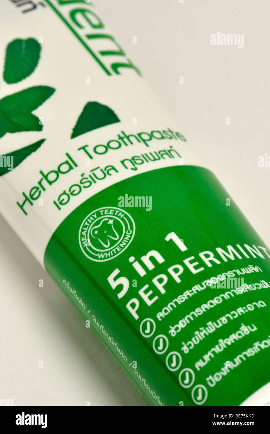 Thai herbal toothpaste, bilingual labeling Stock Photo