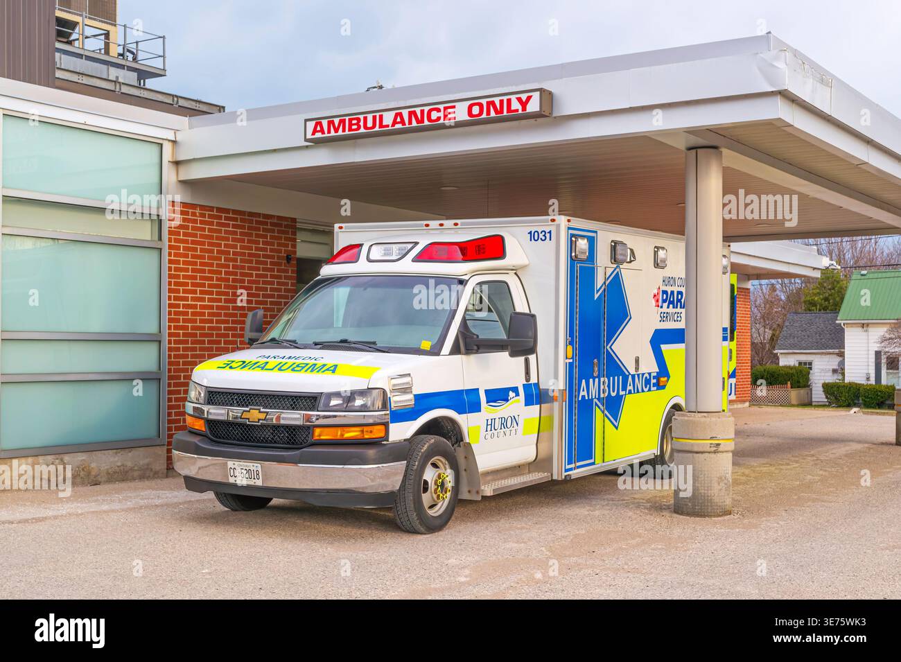 Paramedic  ambulance parked outside the Emergency Department at the hospital in Goderich Ontario.  April 9.2026. Stock Photo