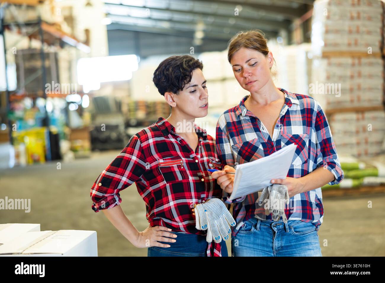 Women working in warehouse, checking documents Stock Photo