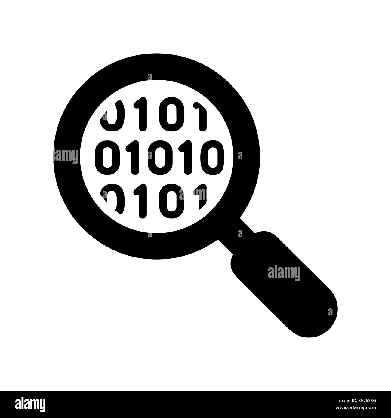 Black silhouette of magnifying glass analyzing binary code data Stock Vector