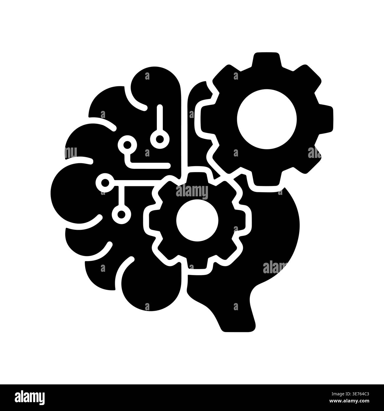 Brain with Gears and Circuits Symbolizing Artificial Intelligence Black Silhouette Stock Vector