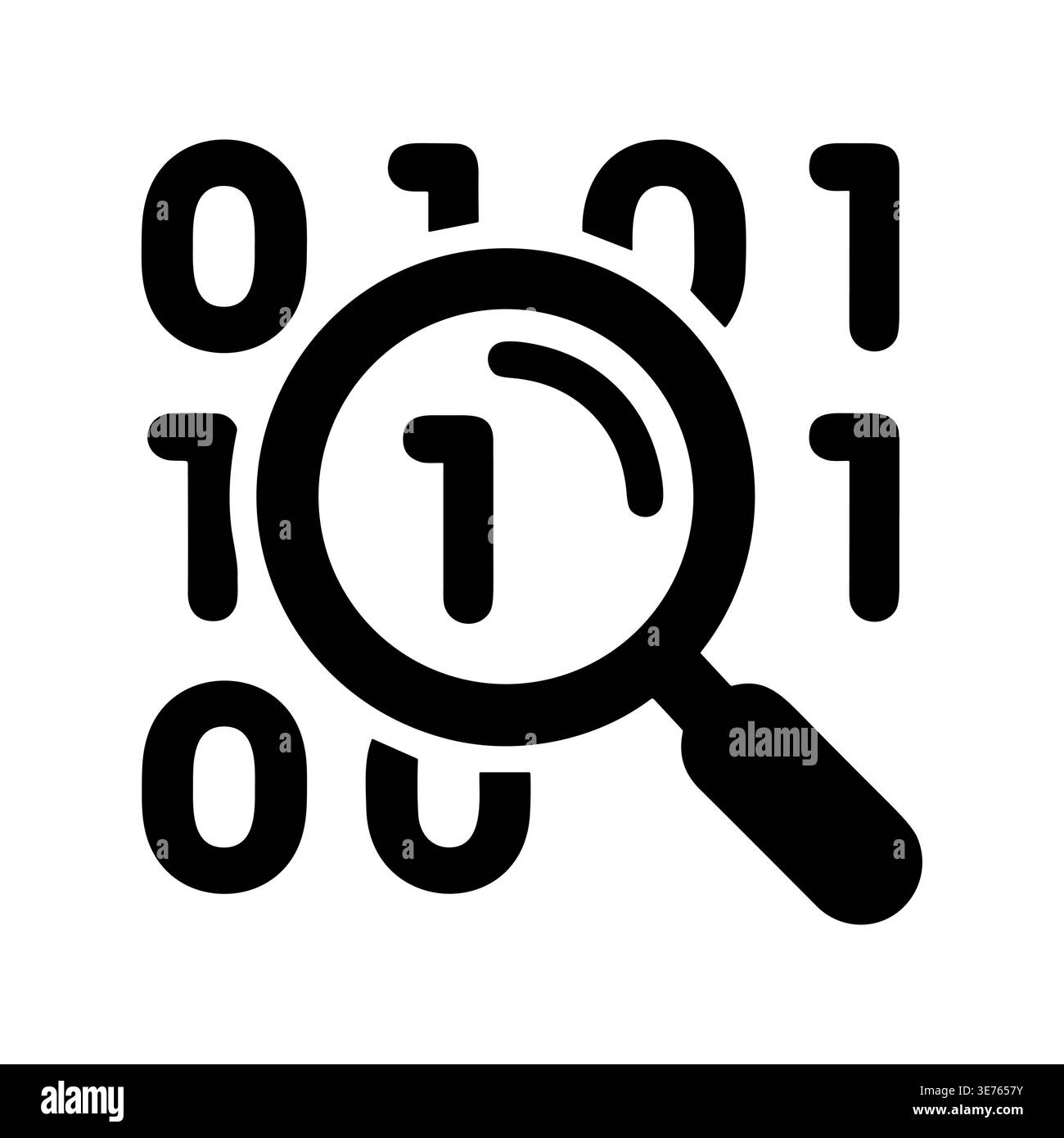Magnifying glass analyzing binary code, data analysis vector icon Stock Vector