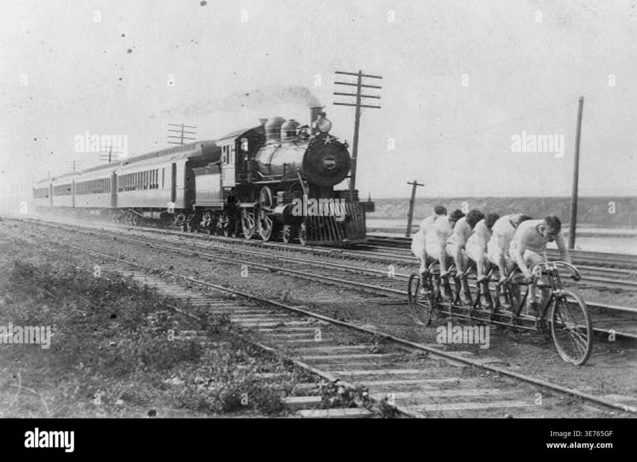 Railway Racing Historical image of the Stearns Sextuplet bicycle team racing alongside ...