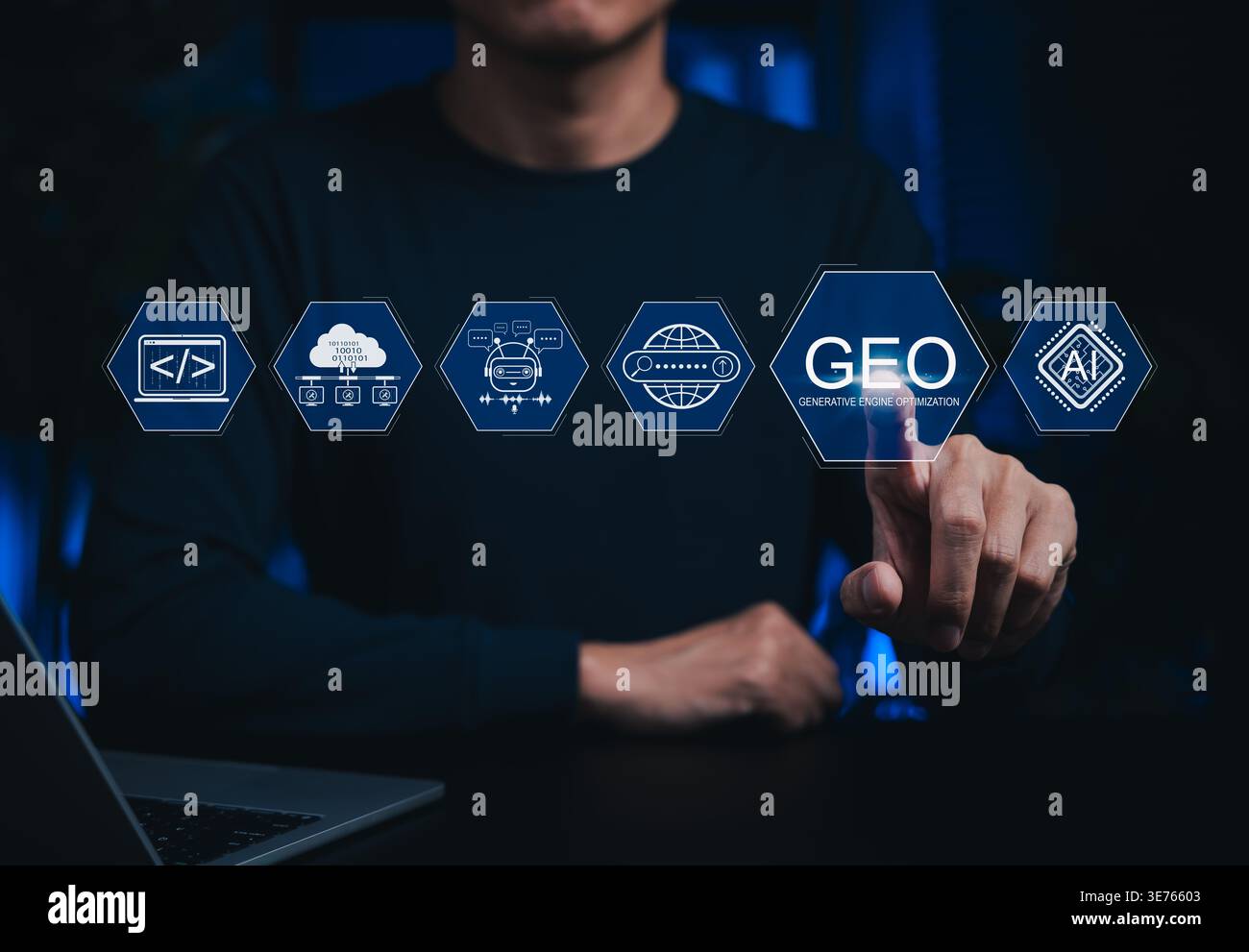 Generative Engine Optimization concept. Man touching GEO virtual icon for digital marketing strategy, artificial intelligence, AI search, cloud Stock Photo