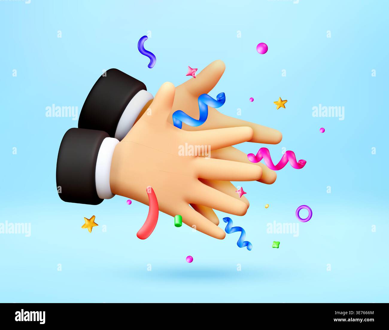 3D hands clapping with falling confetti Stock Vector