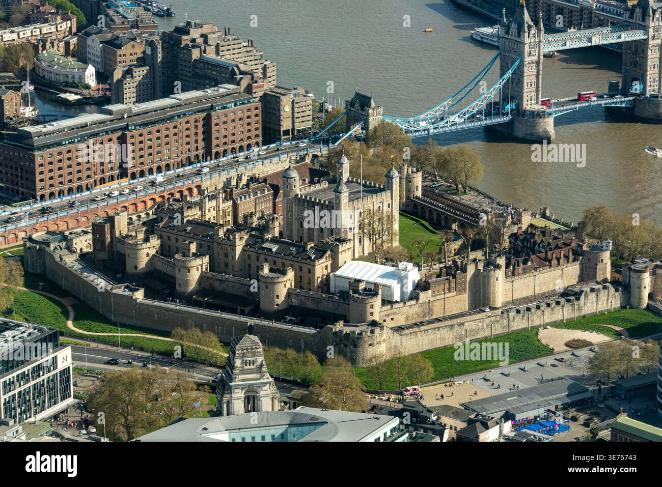 Birds eye view of the Tower of London and the Tower Bridge, London UK Stock Photo