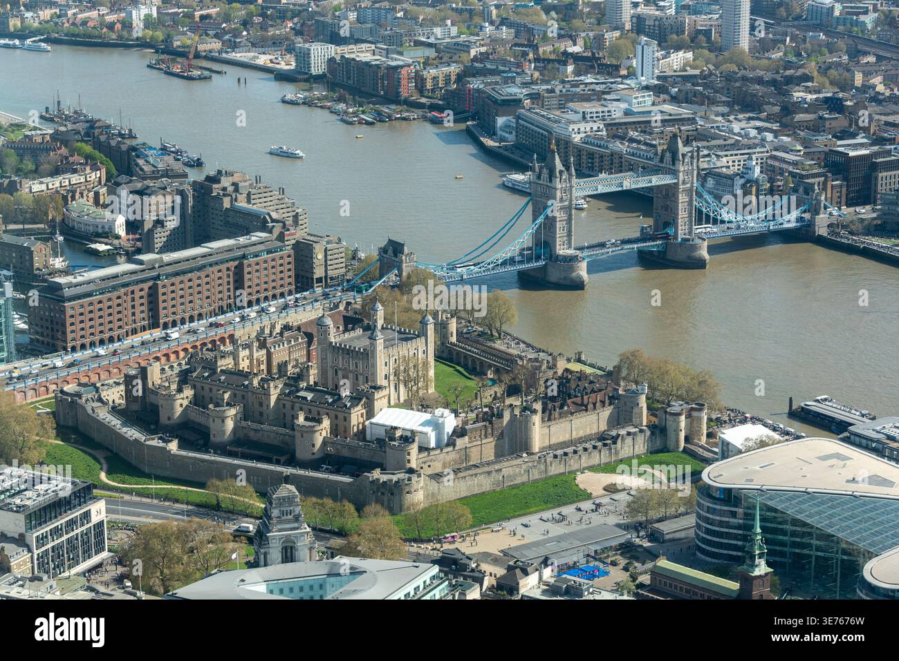 Birds eye view of the Tower of London and the Tower Bridge, London UK Stock Photo