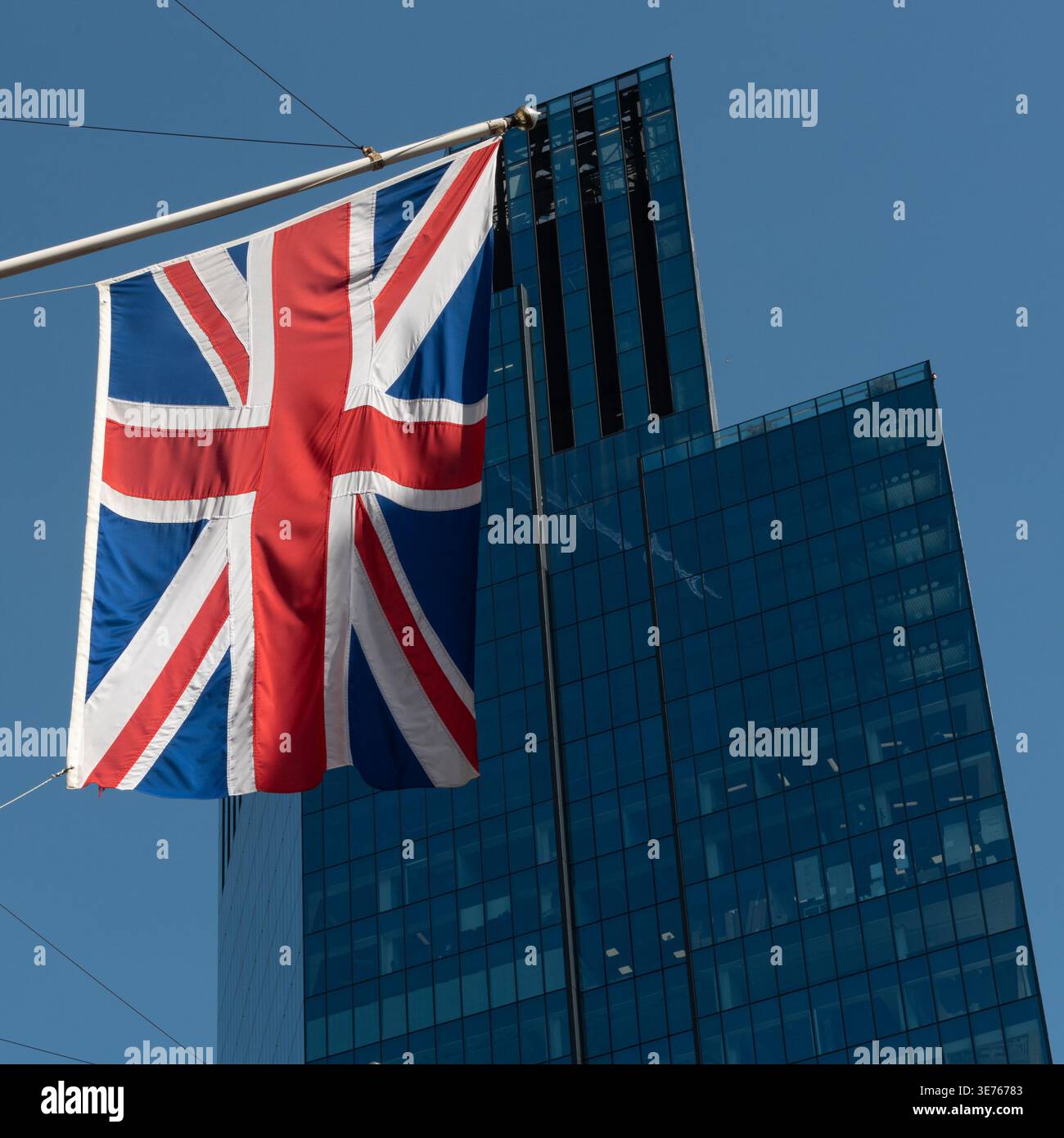 British flag with London skyscraper in the background, City of London, UK Stock Photo