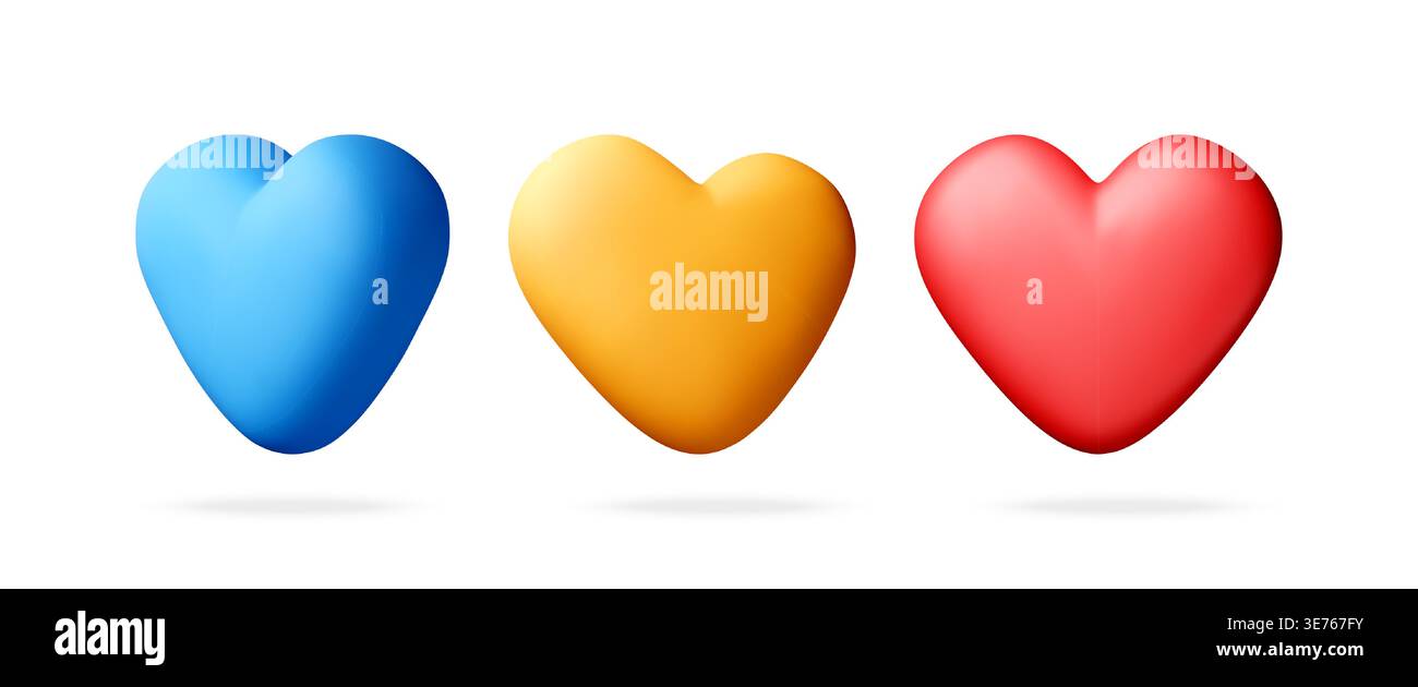 Three colorful 3d hearts isolated on white. Stock Vector