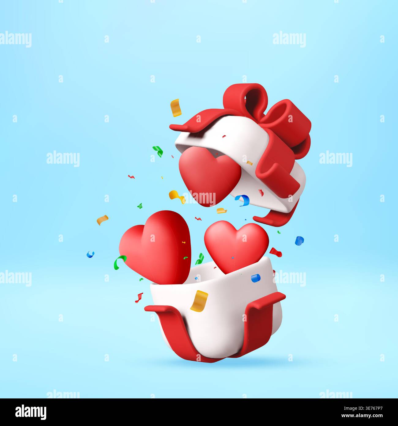 3D Open gift box with red hearts and confetti Stock Vector