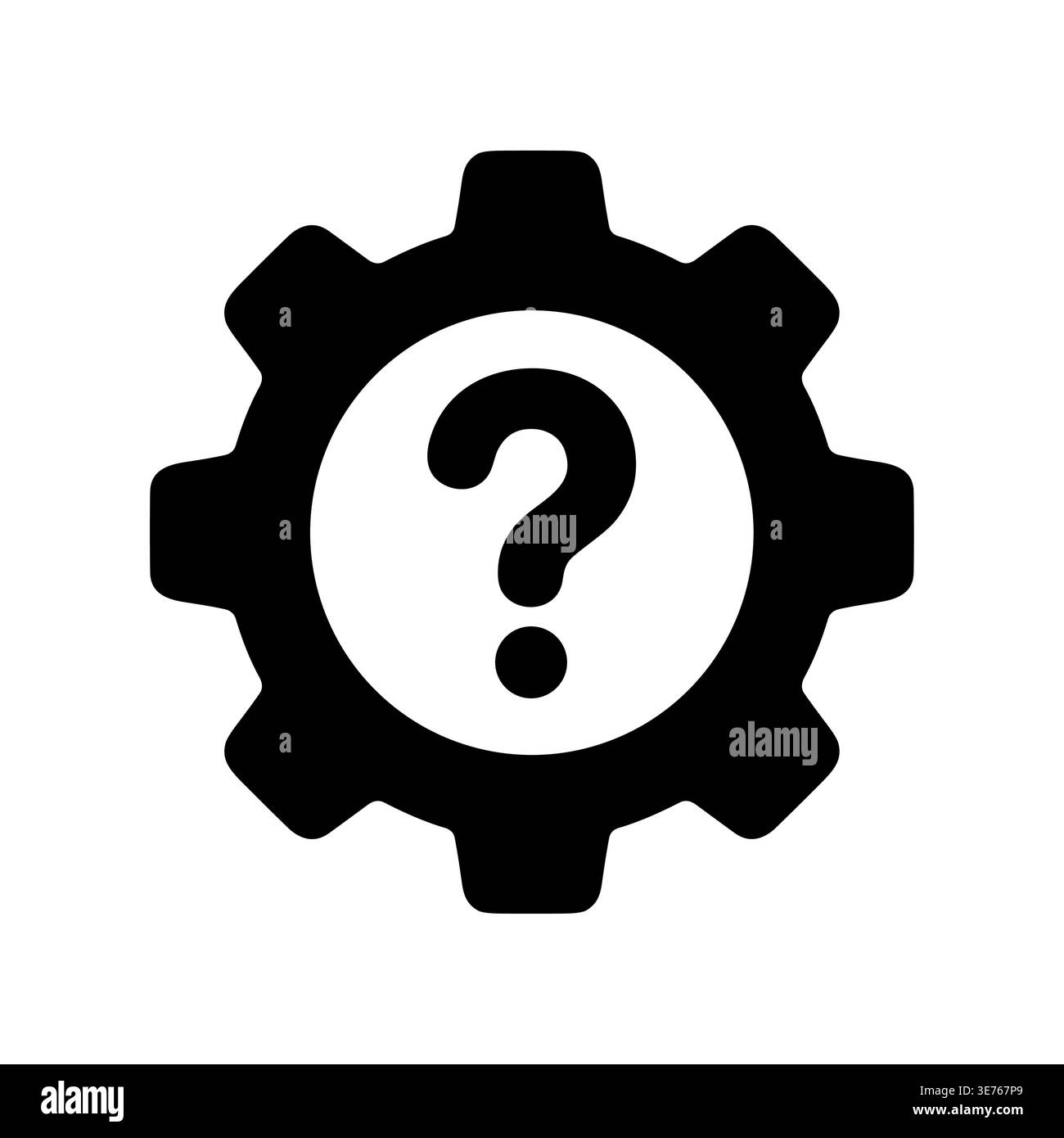 Black gear with question mark on white background icon Stock Vector