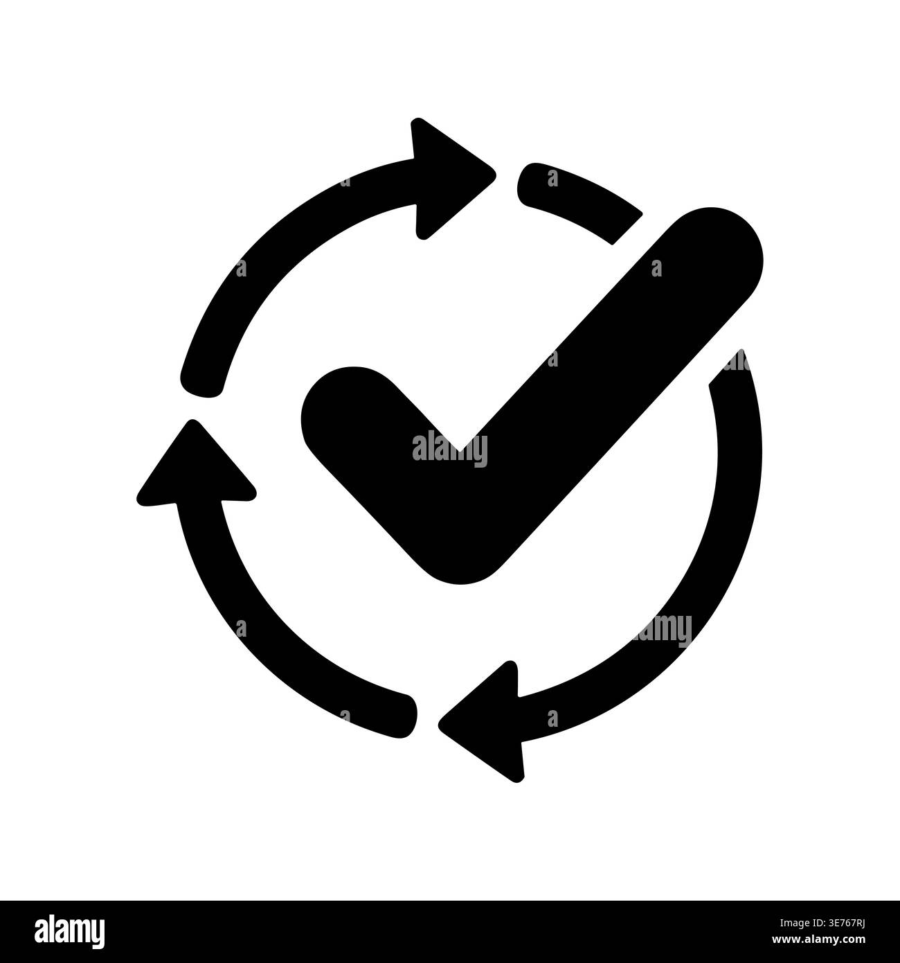 Black check mark icon with circular arrows, flat design Stock Vector