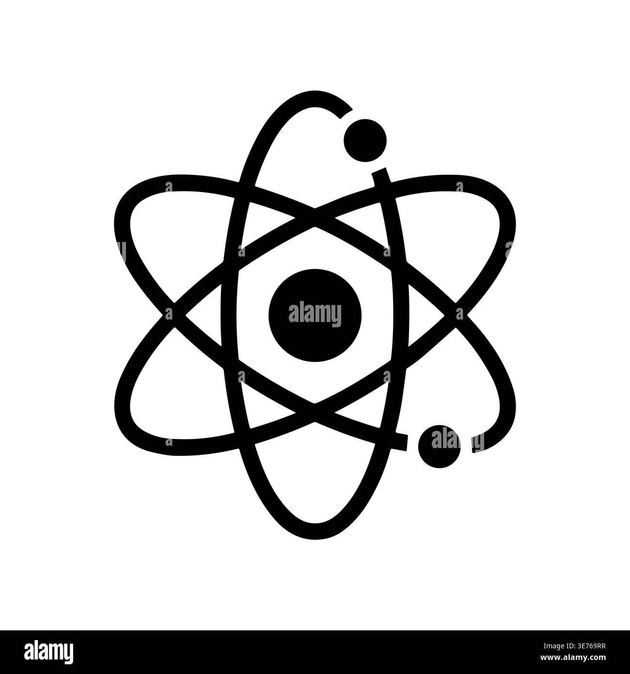 Simple black atom icon with electrons orbiting nucleus on white Stock Vector