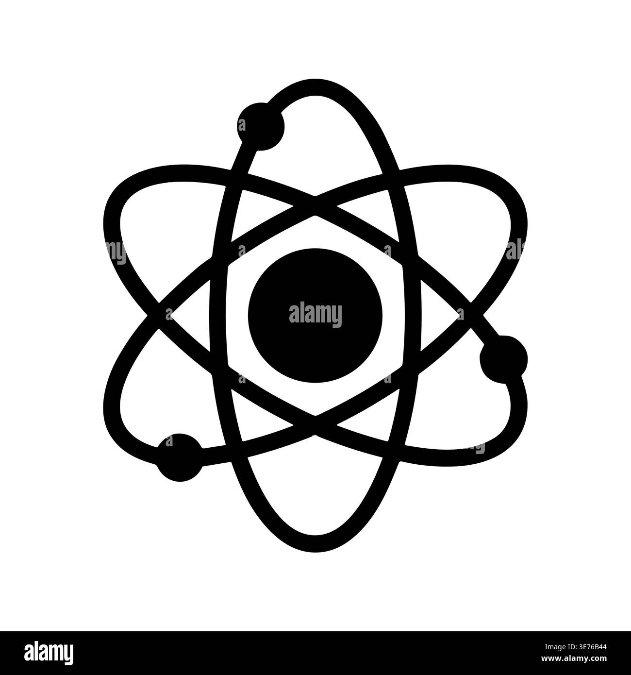 Simple black atom icon with orbiting electrons illustration graphic Stock Vector