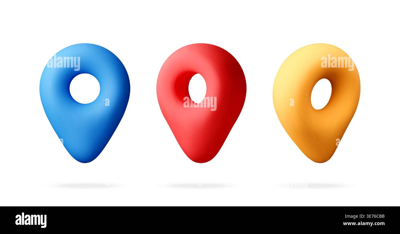 Three 3D map pins for location and navigation Stock Vector