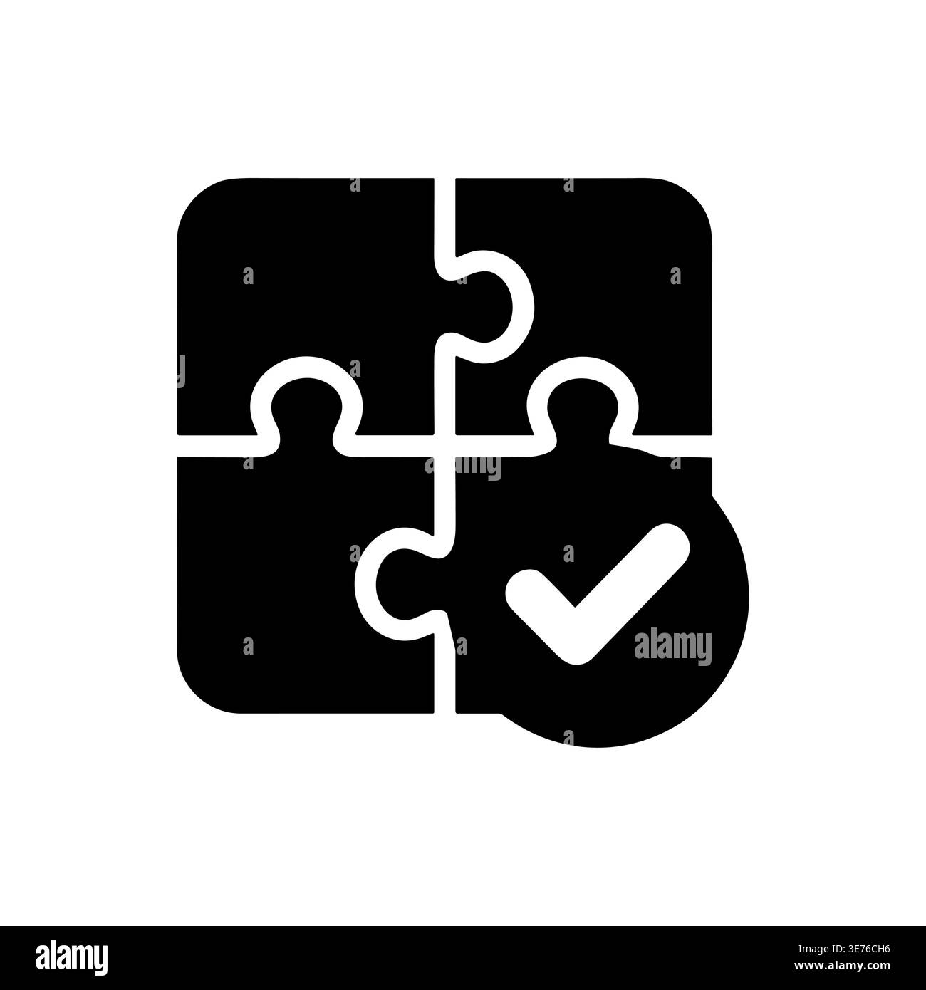 Puzzle pieces connected icon with checkmark, solution symbol, glyph style Stock Vector