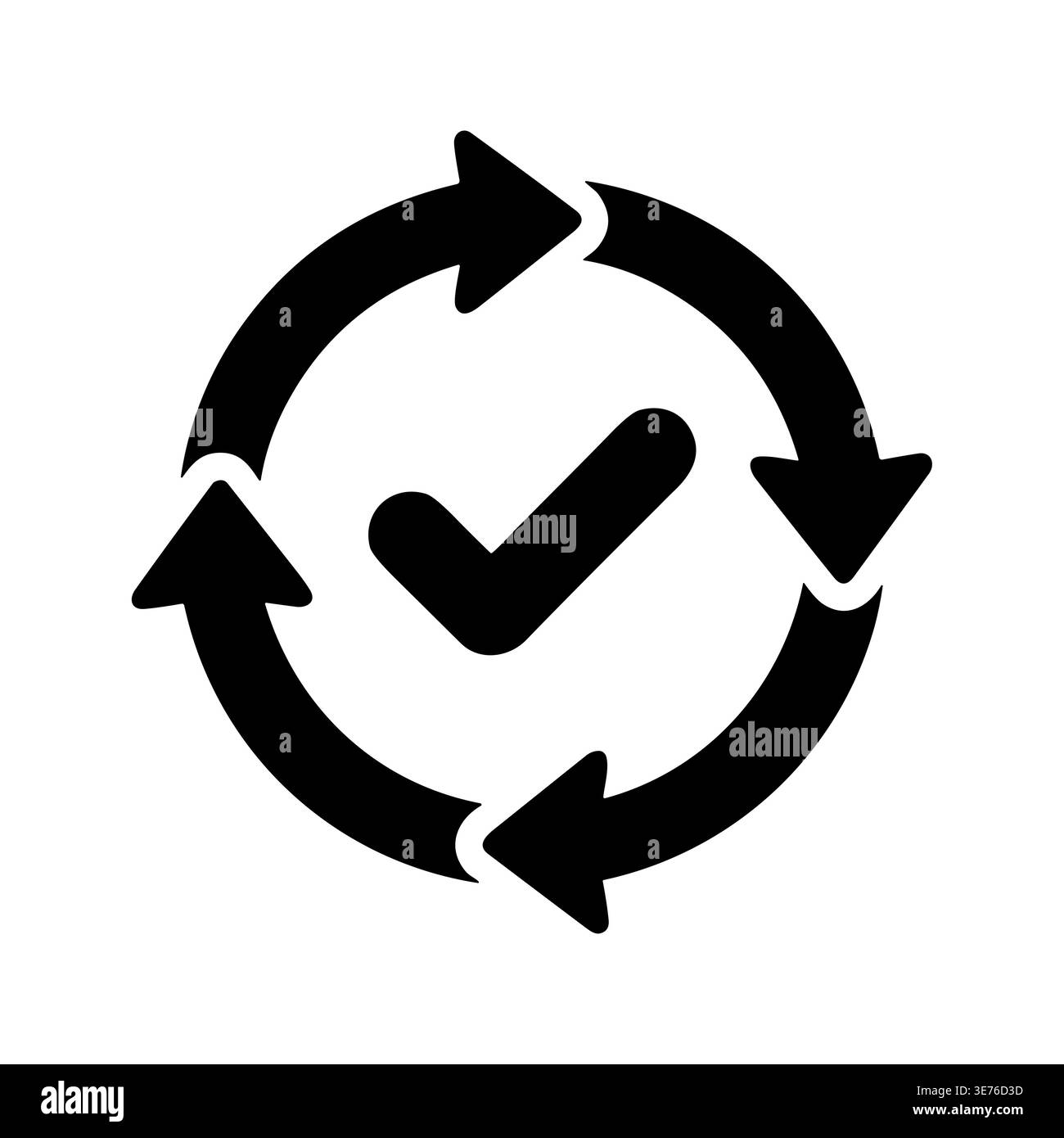Black check mark inside circular arrows, process completion icon Stock Vector