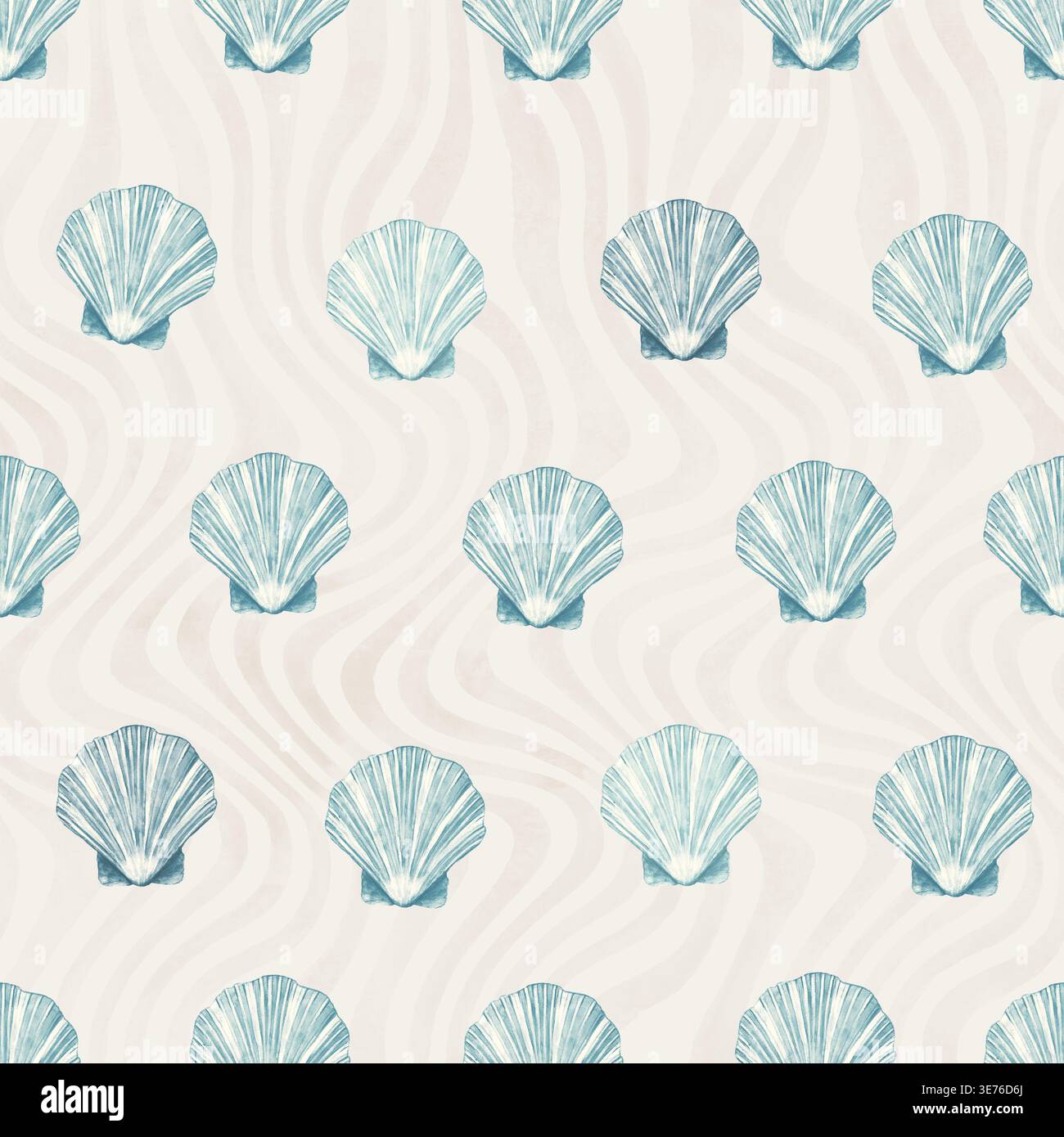 Seamless watercolor pattern with delicate seashells on soft wavy sand background. Light coastal aesthetic, calm neutral palette, perfect for fabric, w Stock Photo