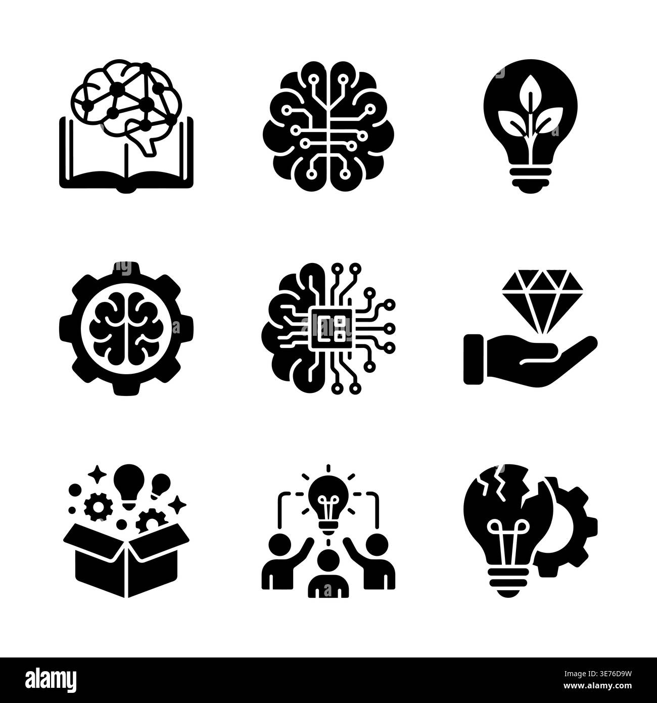 Creative thinking, brain power, idea generation black glyph icons Stock Vector