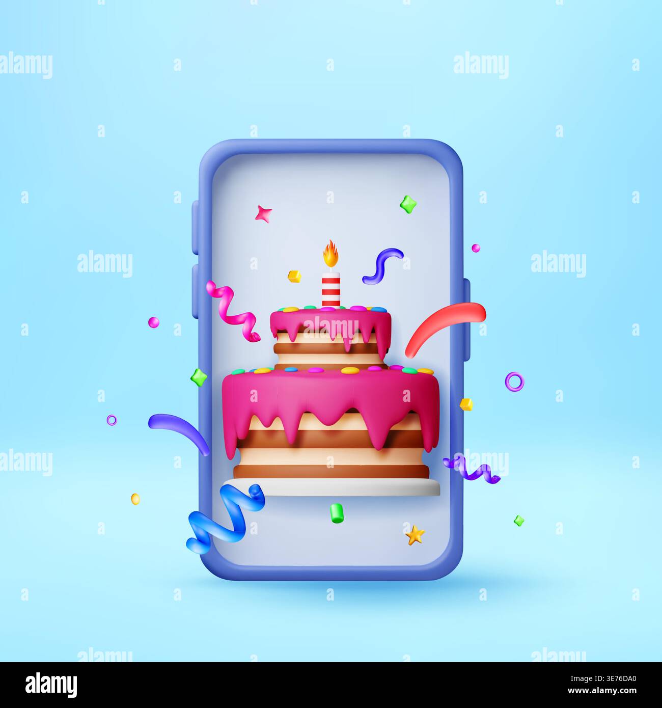 3D Birthday cake with candle on smartphone screen Stock Vector