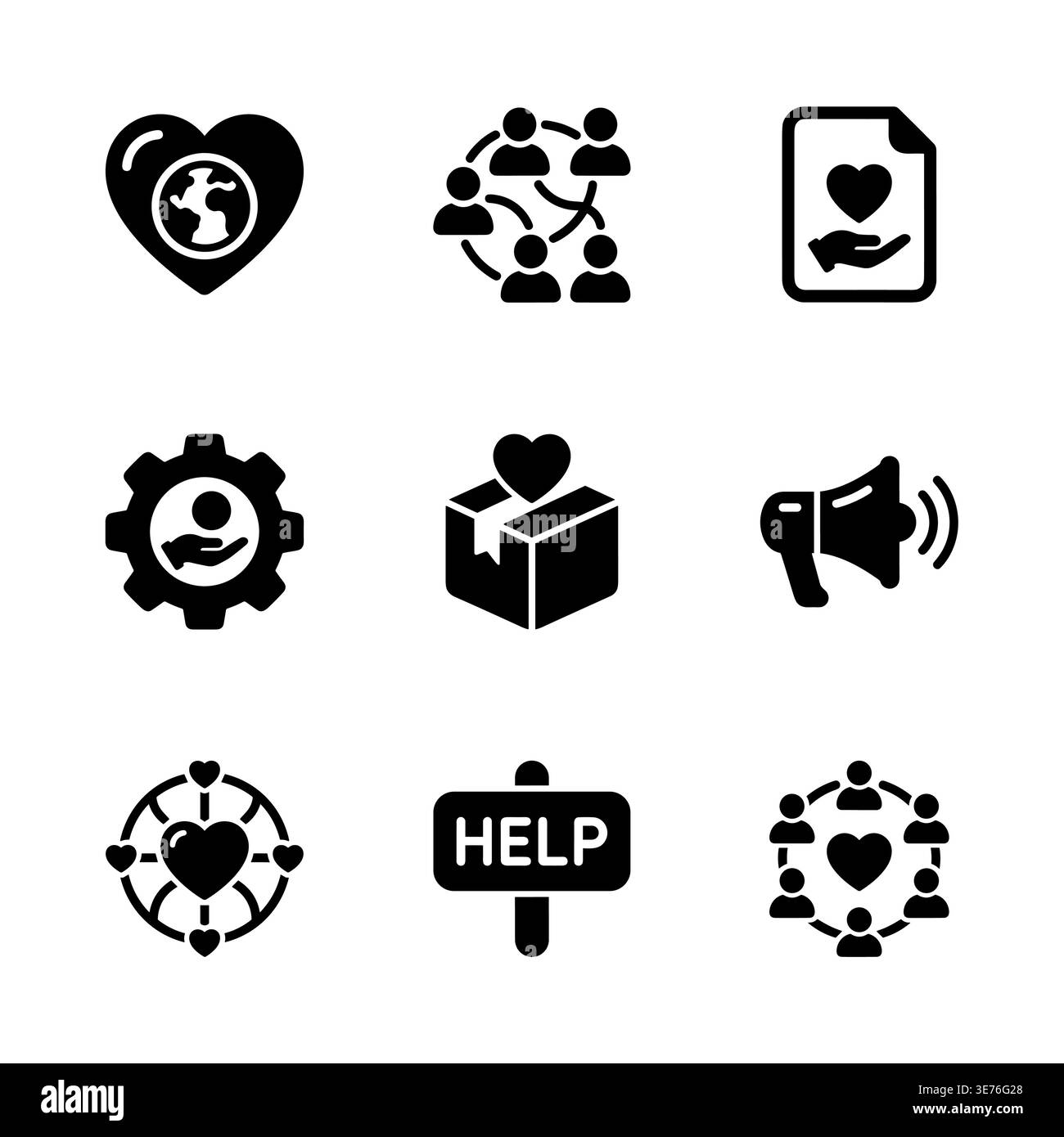 Charity and volunteering icon set vector solid black style Stock Vector