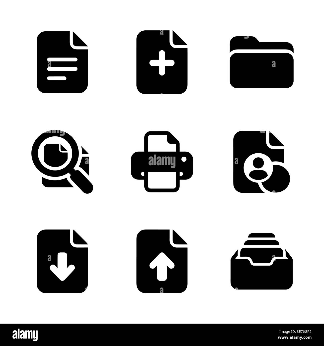 Collection of nine solid document and file icons set Stock Vector