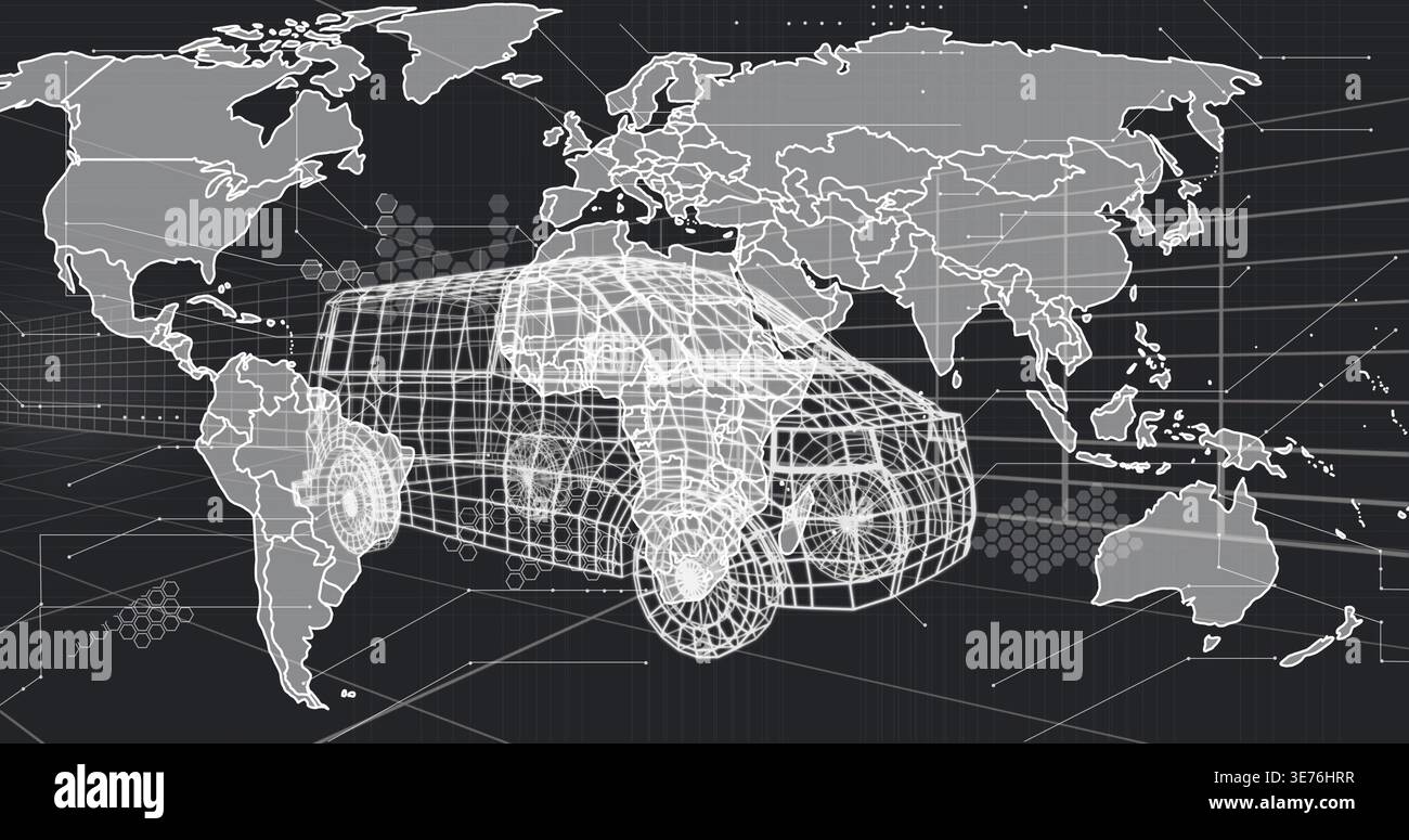 Rendering white wireframe cargo van model hovering in virtual 3D map UI, with hex node network Stock Photo