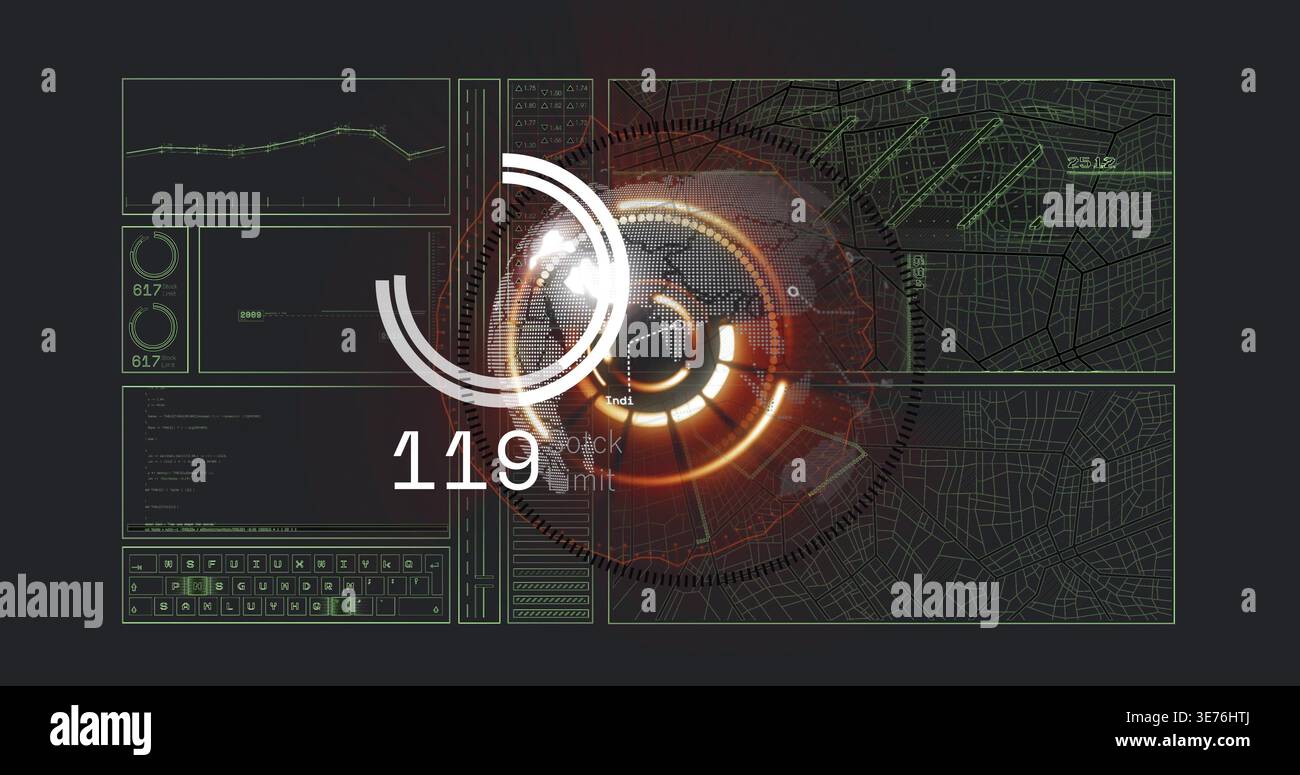 Rotating large glowing circular HUD projecting data on control panel, showing 119 and map grid Stock Photo