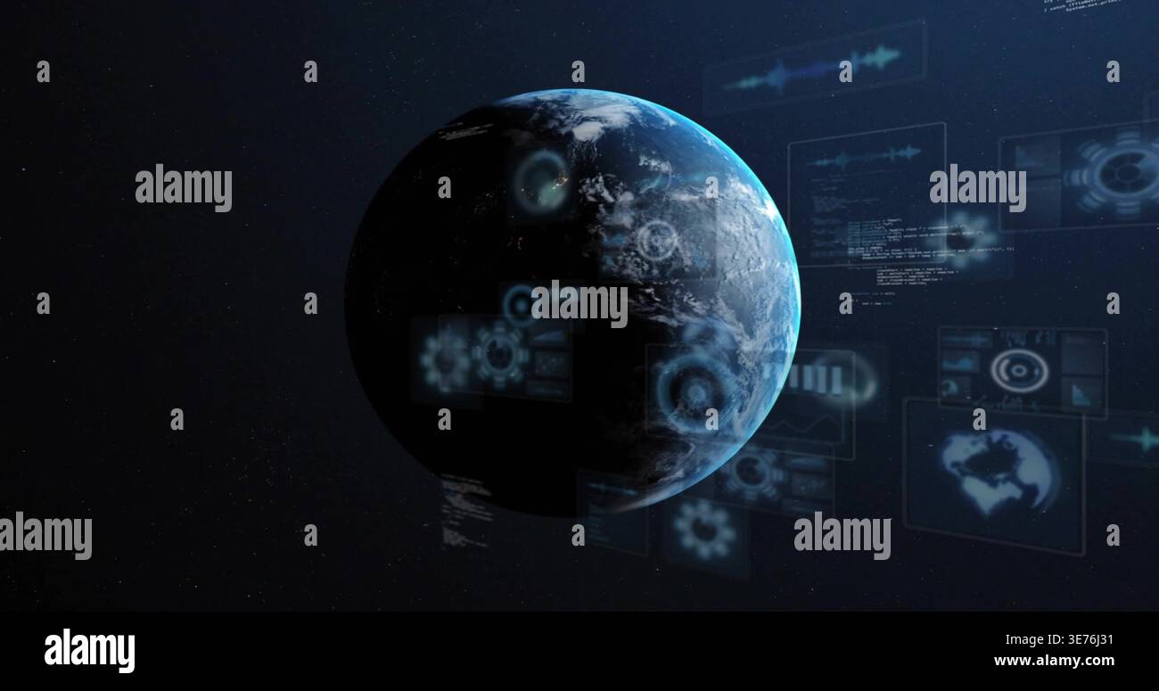 Displaying planet Earth rotating in orbit view, with holographic UI panels and map thumbnails Stock Photo