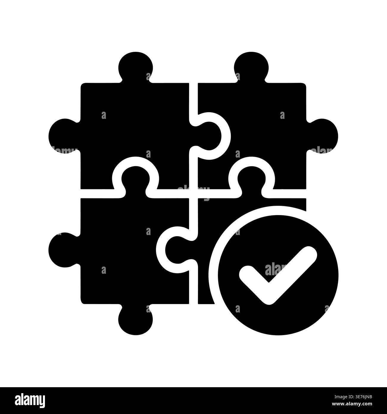 Four puzzle pieces connected with a checkmark, solid icon Stock Vector