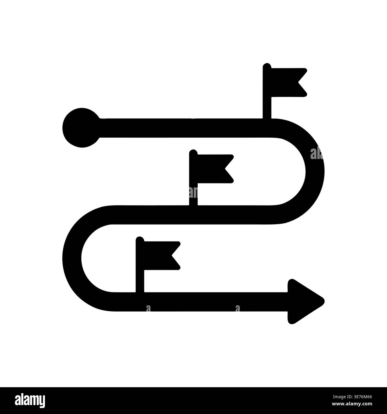 Journey path with flags, destination route, black vector icon Stock ...